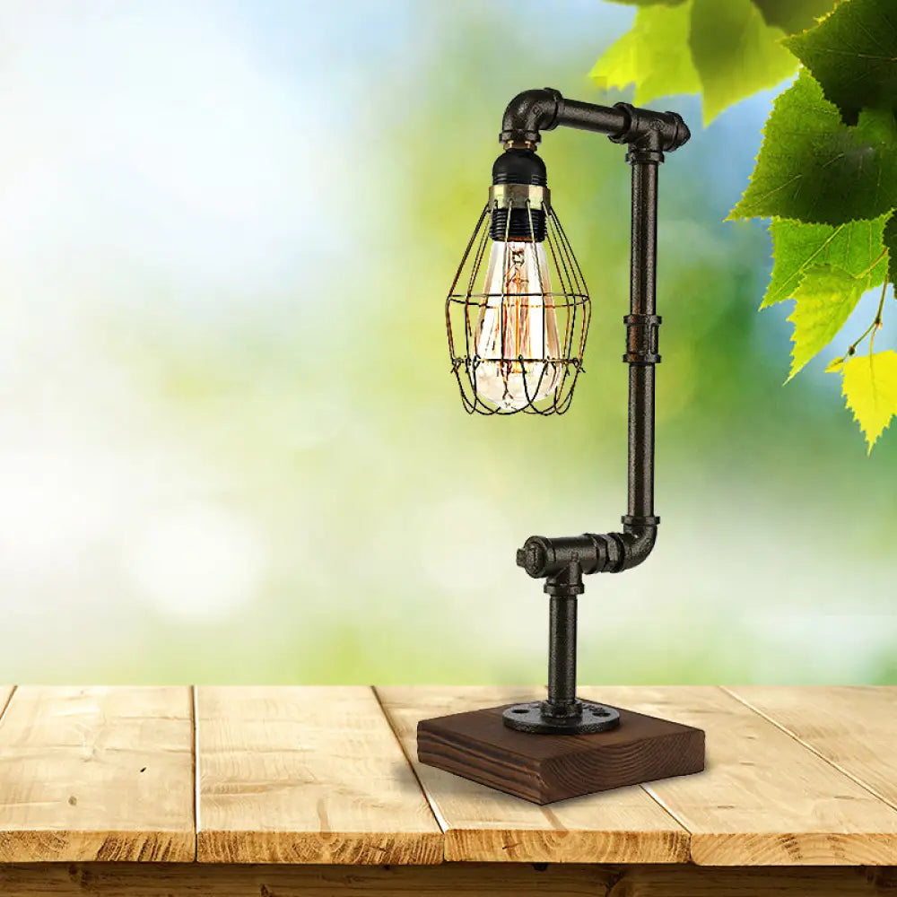 Industrial Wire Cage Table Lamp With Pipe Design - 1 Light Metal And Wood In Black