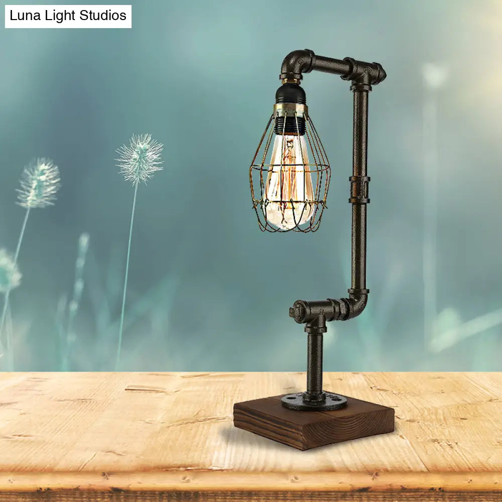 Industrial Wire Cage Table Lamp With Pipe Design - 1 Light Metal And Wood In Black