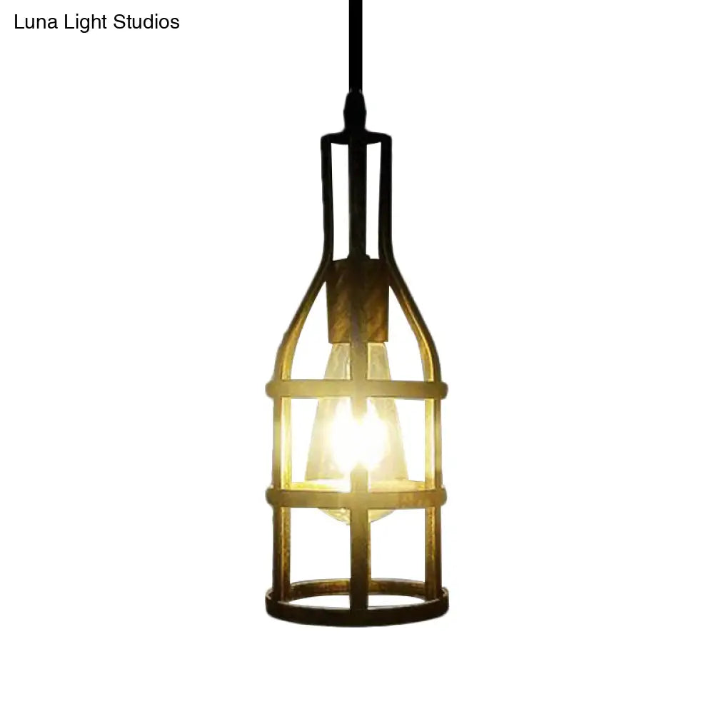 Industrial Wire Caged Metal Hanging Pendant Light With Wine Bottle Design - Black/Antique Brass