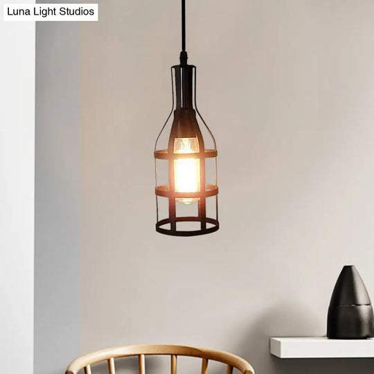 Industrial Wire Caged Metal Hanging Pendant Light With Wine Bottle Design - Black/Antique Brass