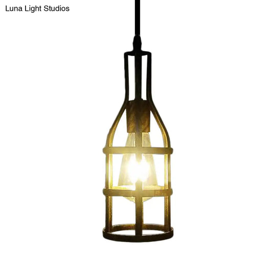Industrial Metal Hanging Pendant Light With Wine Bottle Design And 1 Bulb In Black/Antique Brass