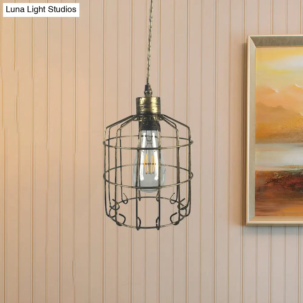 Industrial Wire Frame Pendant Light - Dark Rust Adjustable Cord