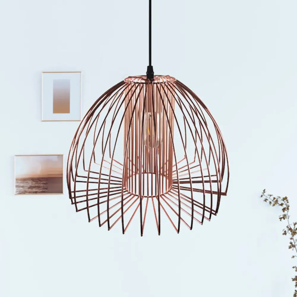 Industrial Wire Frame Pendant Light With Metallic Dome Shade For Living Room - Black/Copper Copper