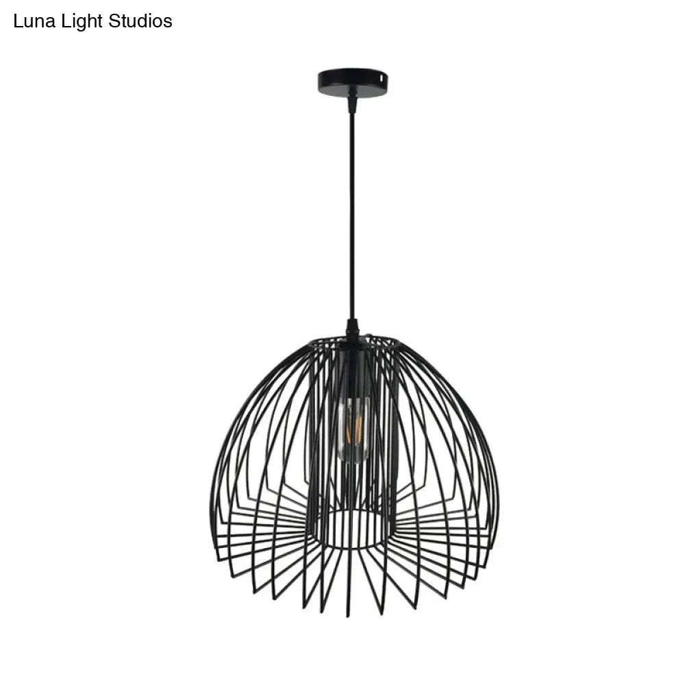 Industrial Wire Frame Pendant Light With Metallic Dome Shade For Living Room - Black/Copper