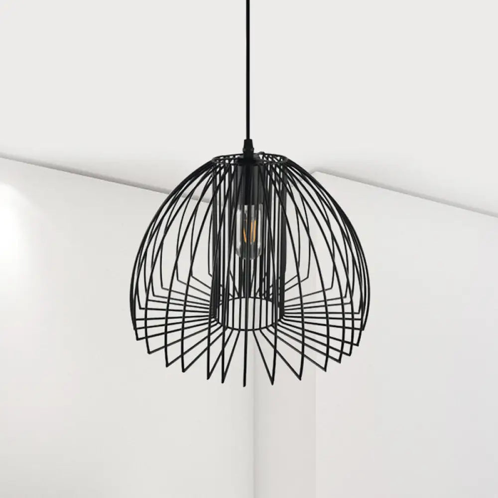 Industrial Wire Frame Pendant Light With Metallic Dome Shade For Living Room - Black/Copper Black