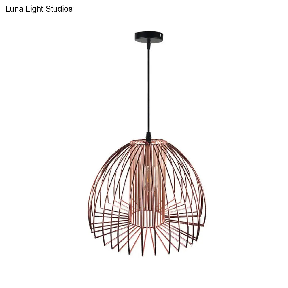 Industrial Wire Frame Pendant Light With Metallic Dome Shade For Living Room - Black/Copper