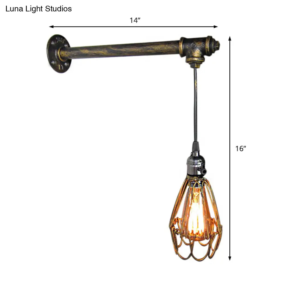 Industrial Wire Frame Wall Lamp With Pipe 1 Light In Aged Brass - Wrought Iron Fixture