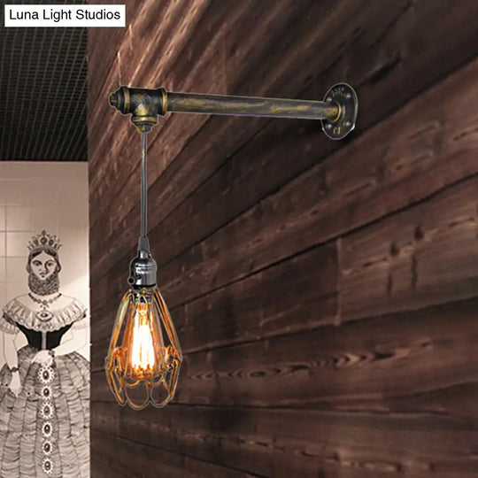 Industrial Wire Frame Wall Lamp With Pipe 1 Light In Aged Brass - Wrought Iron Fixture