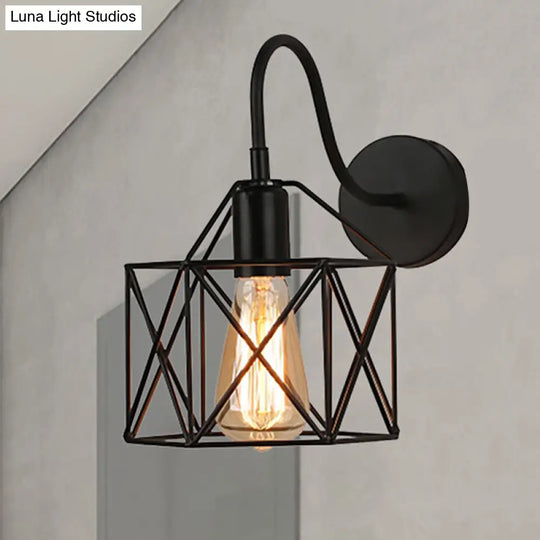 Industrial Wire Guard Sconce With Gooseneck Arm - Black 1-Light Wall Lighting