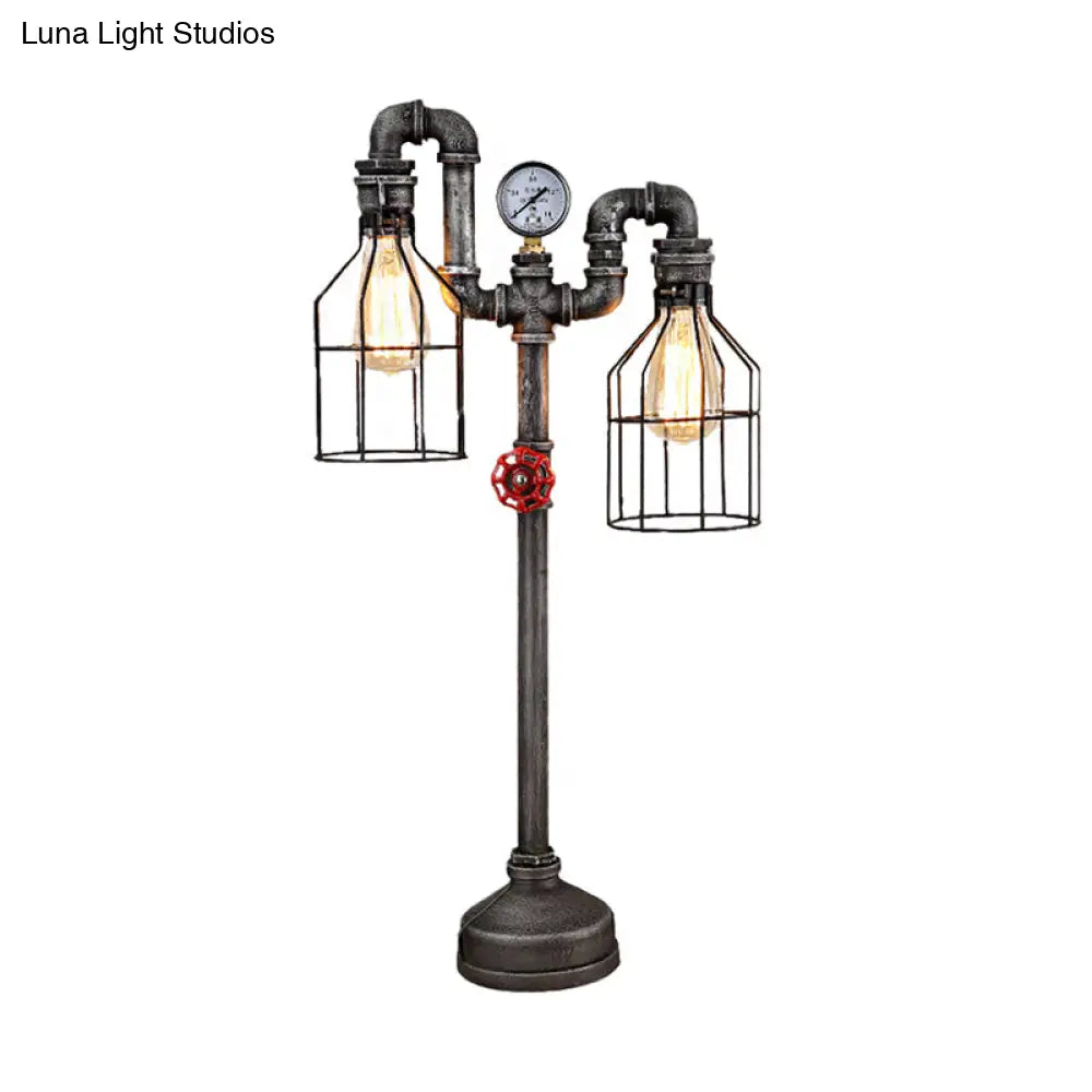 Industrial Wire Guard Table Light With 2 Gauge And Valve Lights - Wrought Iron Standing Lamp In