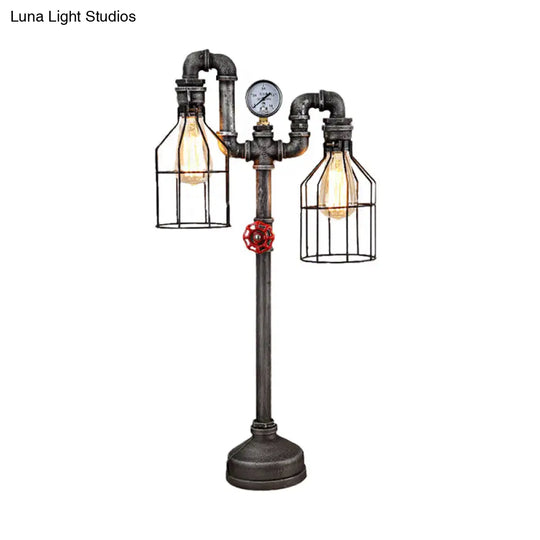 Industrial Wire Guard Table Light With 2 Gauge And Valve Lights - Wrought Iron Standing Lamp In