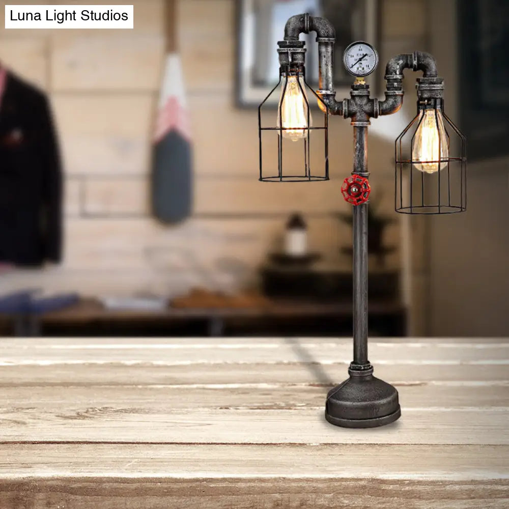 Industrial Wire Guard Table Light With 2 Gauge And Valve Lights - Wrought Iron Standing Lamp In