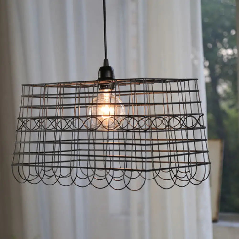 Industrial Wire Mesh Pendant Light With Stylish Metal Black Finish Ideal For Balcony 1-Light