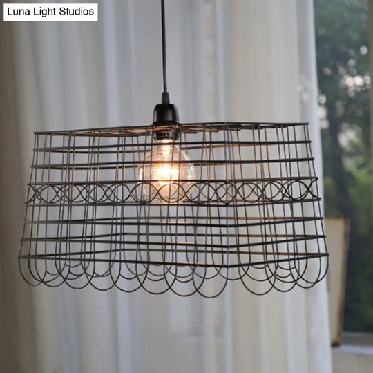 Wire Mesh 1-Light Metal Black Finish Pendant Lamp - Stylish Industrial Lighting For Balcony