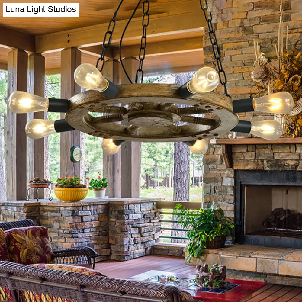 Industrial Wood 8-Light Wheel Chandelier With Black Chain - Dining Room Ceiling Fixture