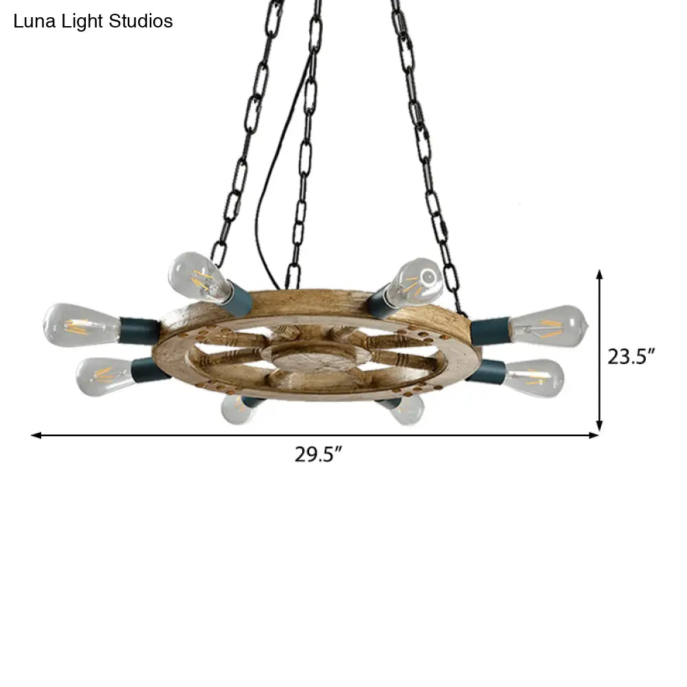 Industrial Wood 8-Light Wheel Chandelier With Black Chain - Dining Room Ceiling Fixture