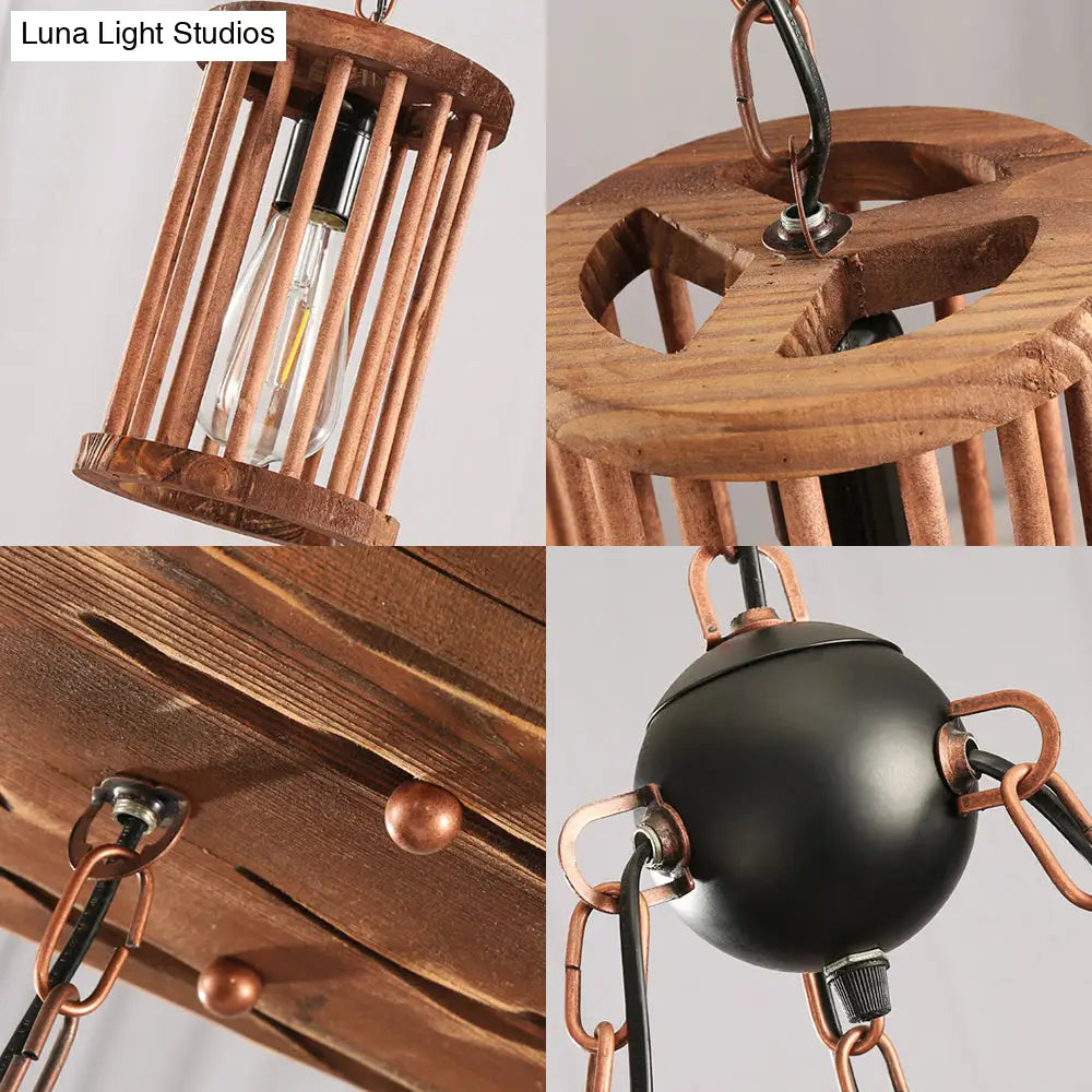 Industrial Wood And Black Cylinder Chandelier With 3 Lights Chain For Dining Room