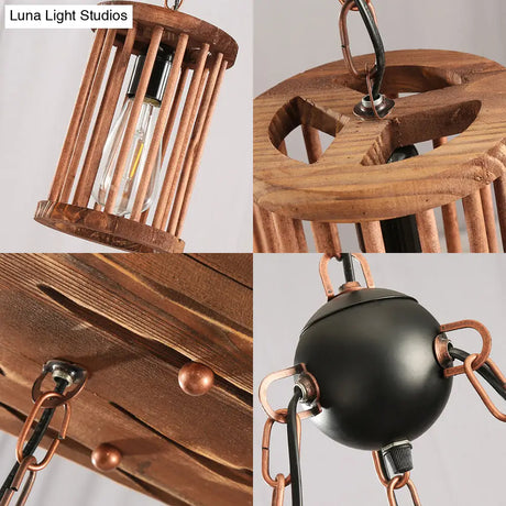 Industrial Wood And Black Cylinder Chandelier With 3 Lights Chain For Dining Room