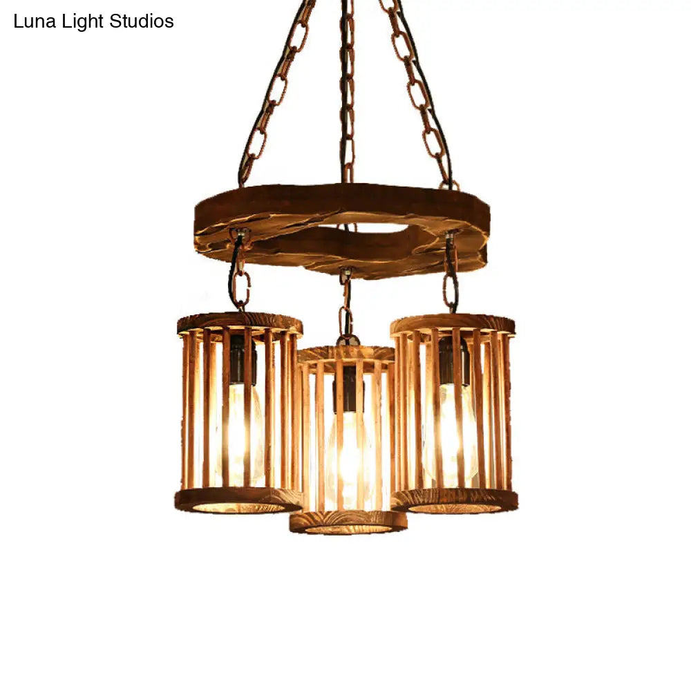 Industrial Black Cylinder Chandelier - 3-Light Wood Hanging Pendant For Dining Room With Chain