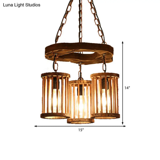 Industrial Black Cylinder Chandelier - 3-Light Wood Hanging Pendant For Dining Room With Chain