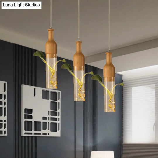 Industrial Wood Wine Bottle Pendant Light With 3 Clear Glass Bulbs - Restaurant Suspension Lighting