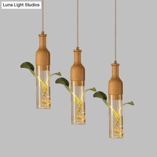 Industrial Wood Wine Bottle Pendant Light With 3 Clear Glass Bulbs - Restaurant Suspension Lighting