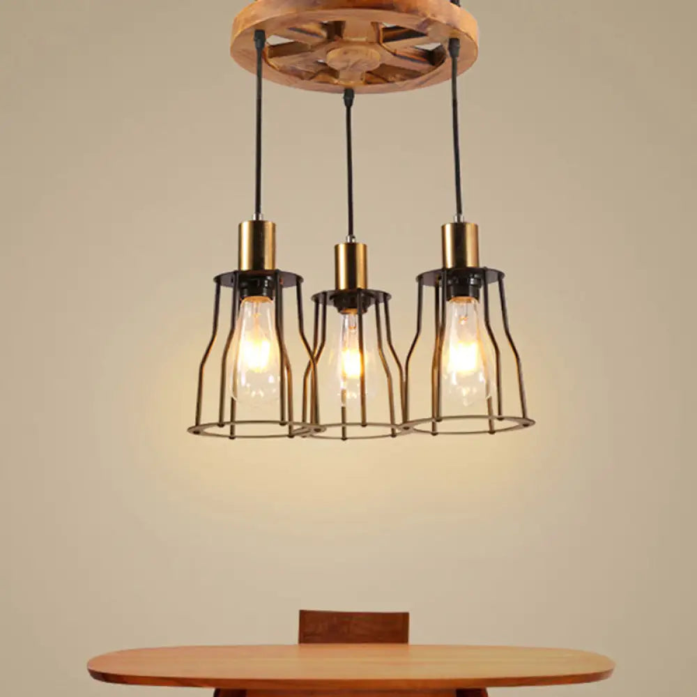 Industrial Wood Bell Cage Pendant Light With Brass Accents - 3/6 Lights For Living Room 3 /