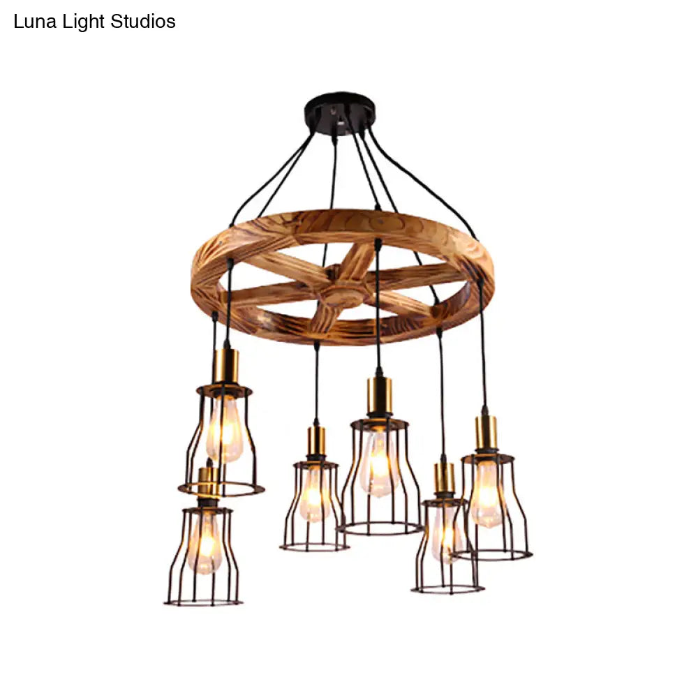 Industrial Wood Bell Cage Pendant Light With Brass Accents - 3/6 Lights For Living Room