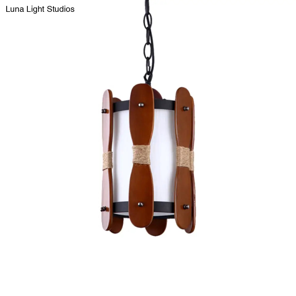 Industrial Wood Ceiling Lamp With Cream Glass Shade