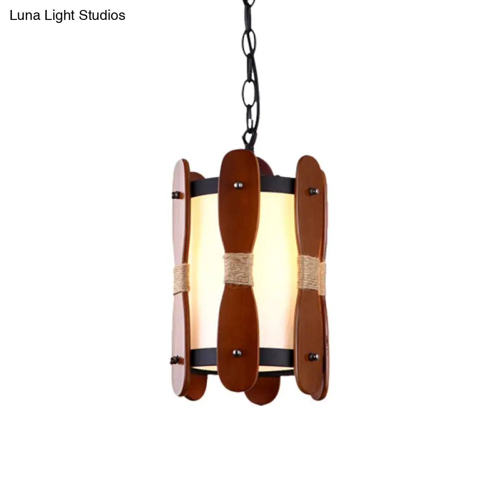 Industrial Wood Ceiling Lamp With Cream Glass Shade