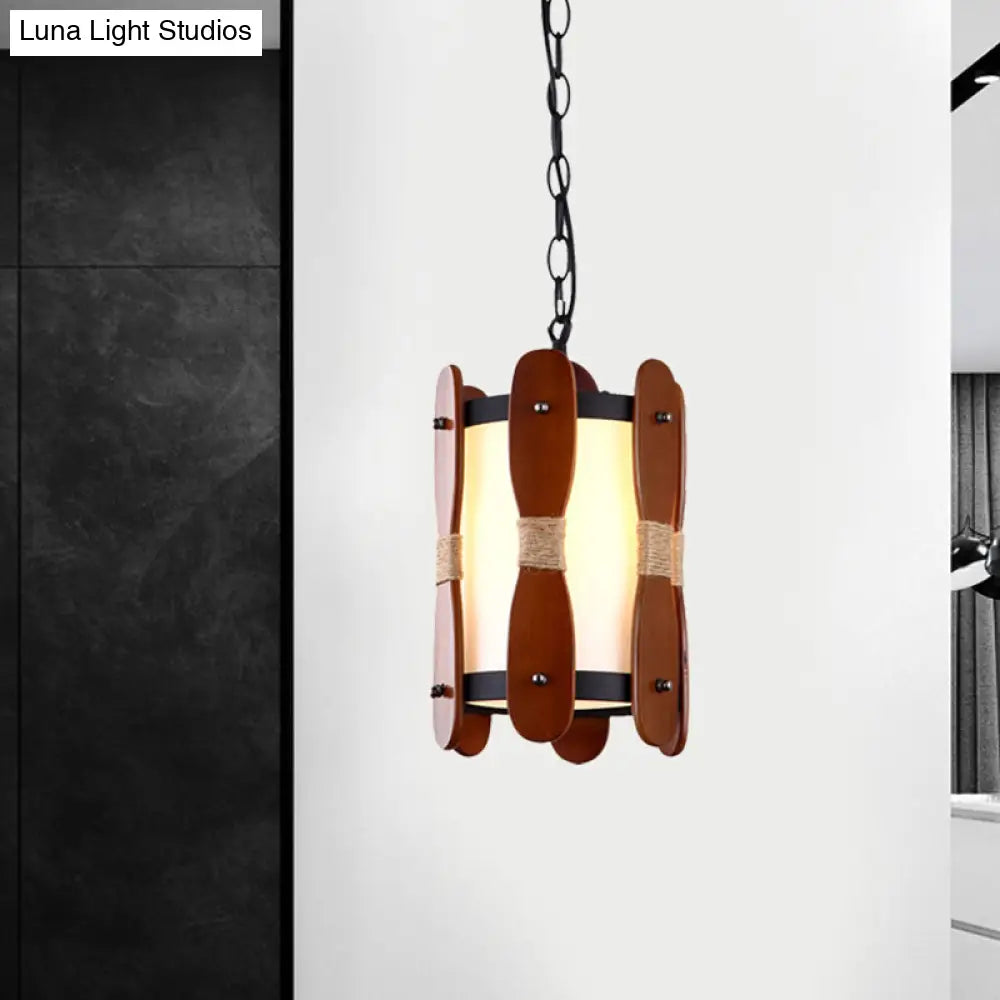 Industrial Wood Ceiling Lamp With Cream Glass Shade White