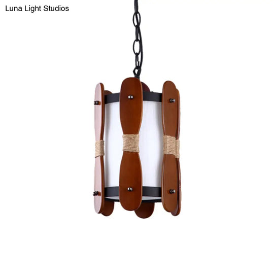 Industrial Wood Ceiling Lamp With Cream Glass Shade