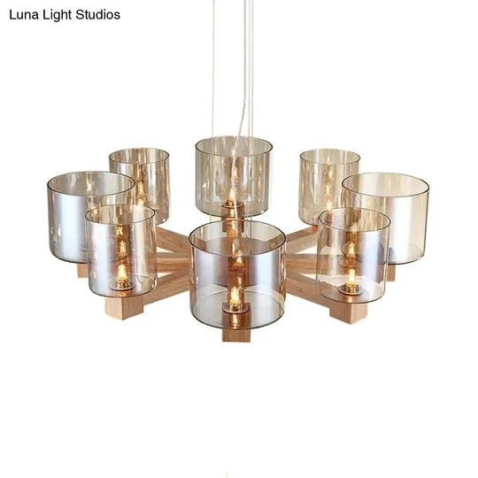 Industrial Wood Cylinder Chandelier With Radial Design - 4/6/8 Lights Amber Glass Hanging Pendant