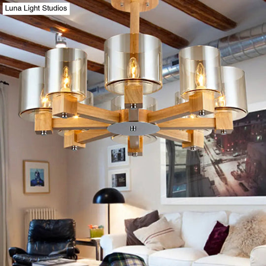 Industrial Wood Cylinder Chandelier With Radial Design - 4/6/8 Lights Amber Glass Hanging Pendant