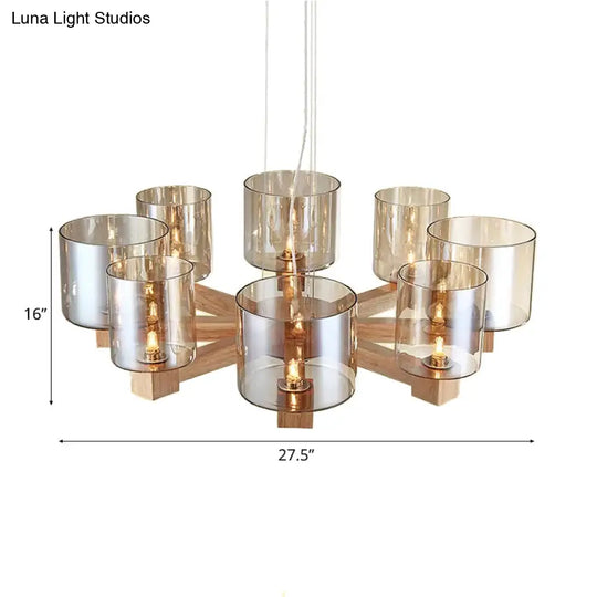 Industrial Wood Cylinder Chandelier With Radial Design - 4/6/8 Lights Amber Glass Hanging Pendant