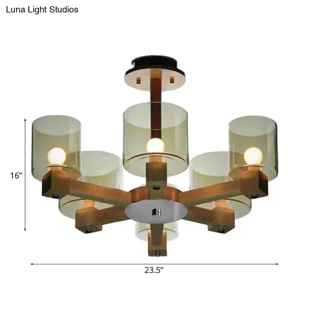 Industrial Wood Cylinder Chandelier With Radial Design - 4/6/8 Lights Amber Glass Hanging Pendant