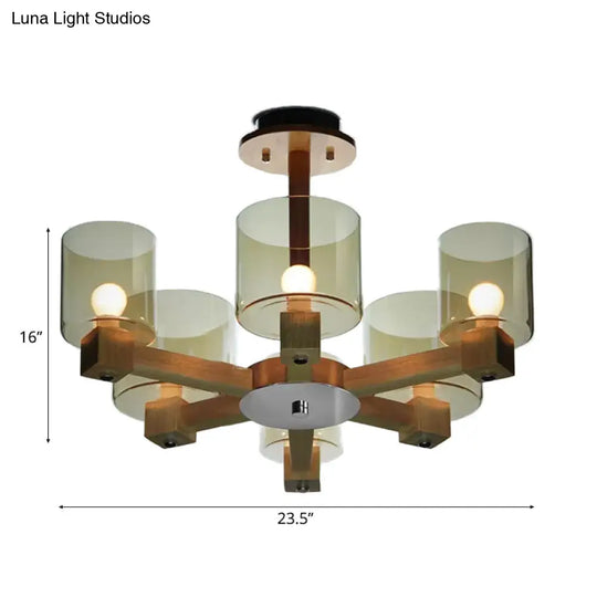 Industrial Wood Cylinder Chandelier With Radial Design - 4/6/8 Lights Amber Glass Hanging Pendant