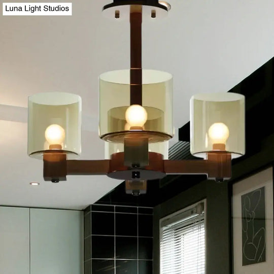 Industrial Wood Cylinder Chandelier With Radial Design - 4/6/8 Lights Amber Glass Hanging Pendant