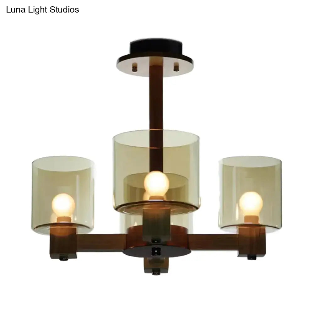 Industrial Wood Cylinder Chandelier With Radial Design - 4/6/8 Lights Amber Glass Hanging Pendant