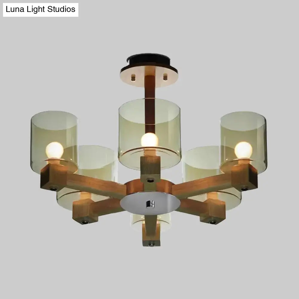 Industrial Wood Cylinder Chandelier With Radial Design - 4/6/8 Lights Amber Glass Hanging Pendant