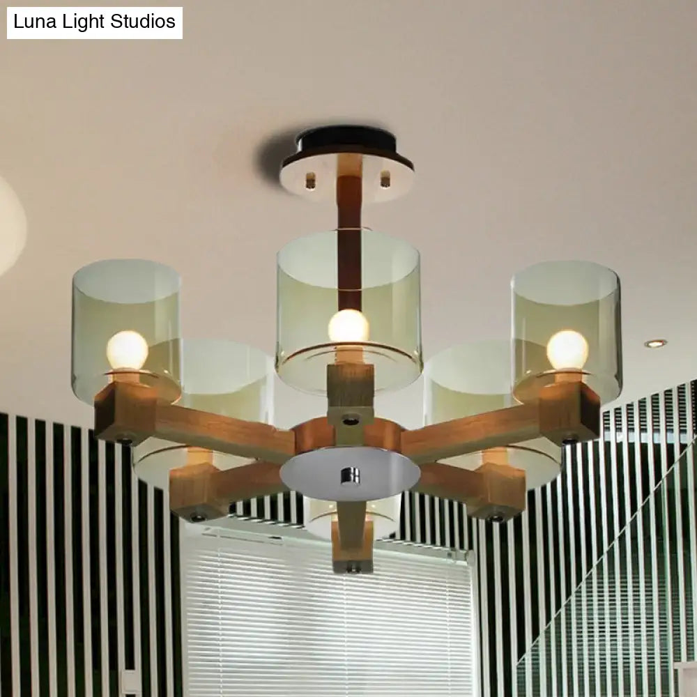 Industrial Wood Cylinder Chandelier With Radial Design - 4/6/8 Lights Amber Glass Hanging Pendant