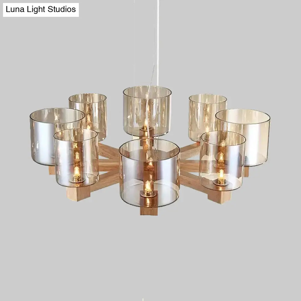 Industrial Wood Cylinder Chandelier With Radial Design - 4/6/8 Lights Amber Glass Hanging Pendant