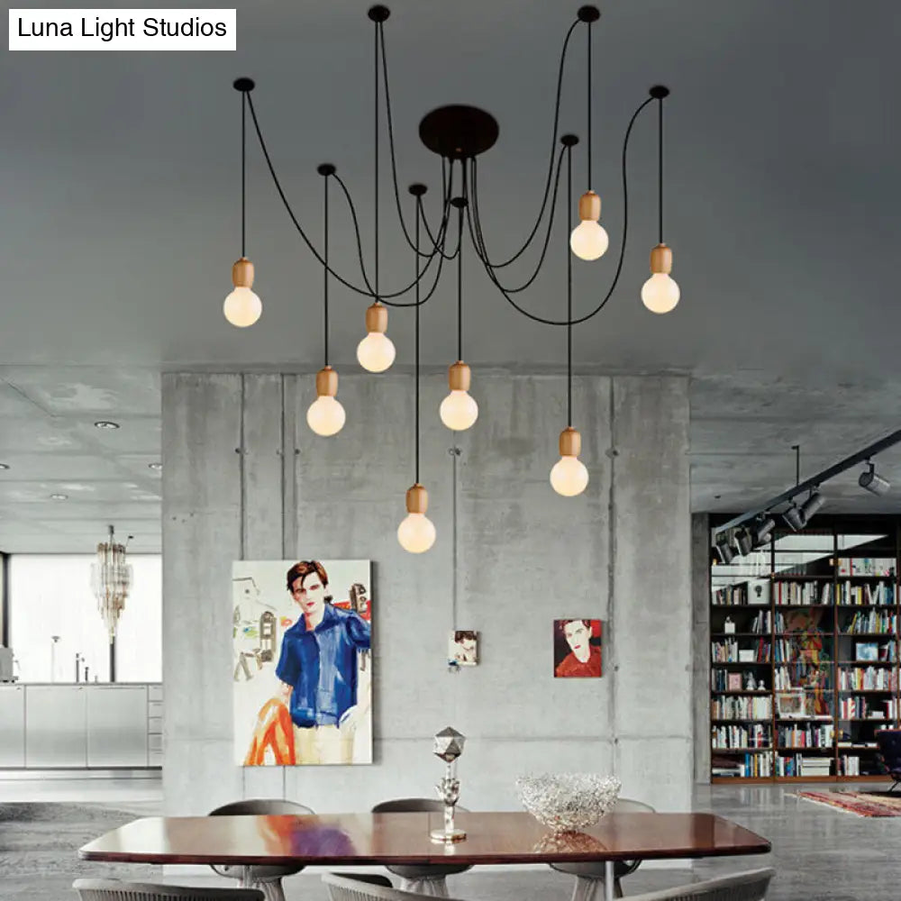 Industrial Wood Swag Pendant Lamp With Exposed Bulb - Black Finish 8/12 Lights For Dining Room