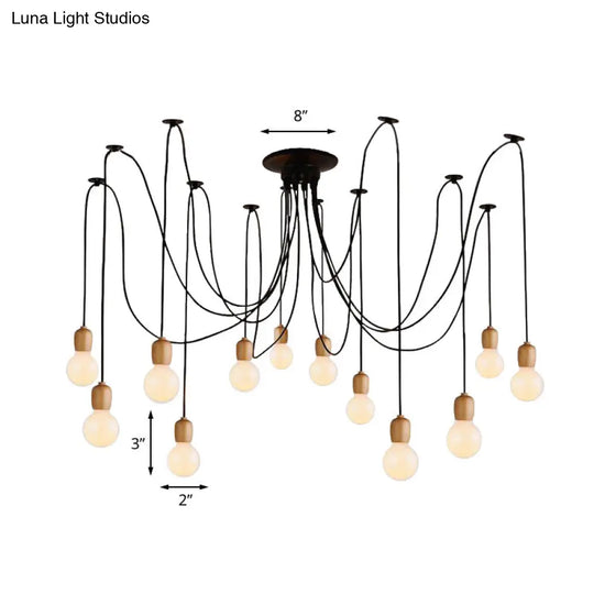 Industrial Wood Swag Pendant Lamp With Exposed Bulb - Black Finish 8/12 Lights For Dining Room