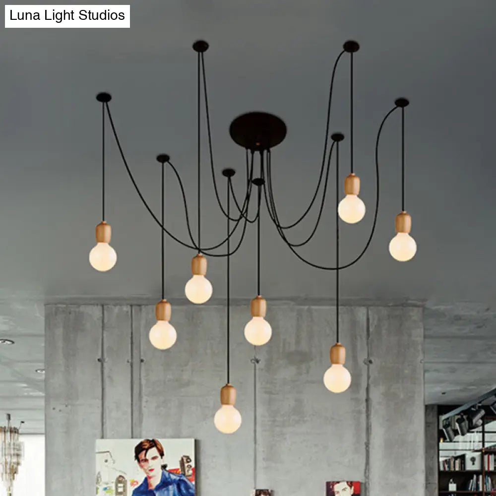 Industrial Wood Dining Room Pendant Lamp With Exposed Bulb And Swag Design