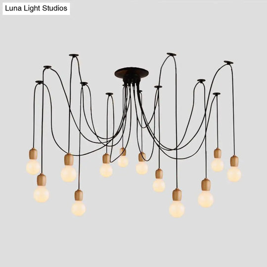 Industrial Wood Swag Pendant Lamp With Exposed Bulb - Black Finish 8/12 Lights For Dining Room