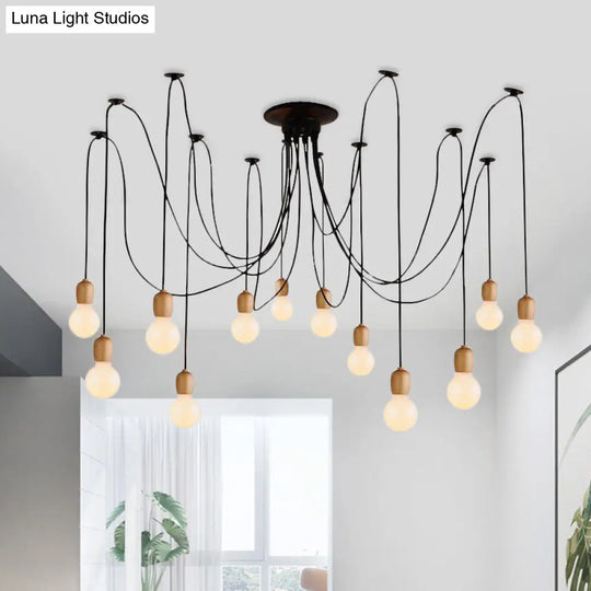 Industrial Wood Swag Pendant Lamp With Exposed Bulb - Black Finish 8/12 Lights For Dining Room