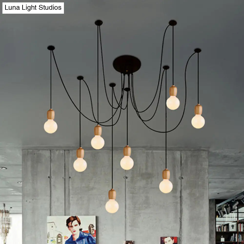 Industrial Wood Swag Pendant Lamp With Exposed Bulb - Black Finish 8/12 Lights For Dining Room