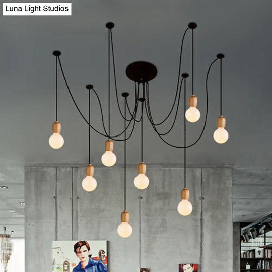 Industrial Wood Swag Pendant Lamp With Exposed Bulb - Black Finish 8/12 Lights For Dining Room