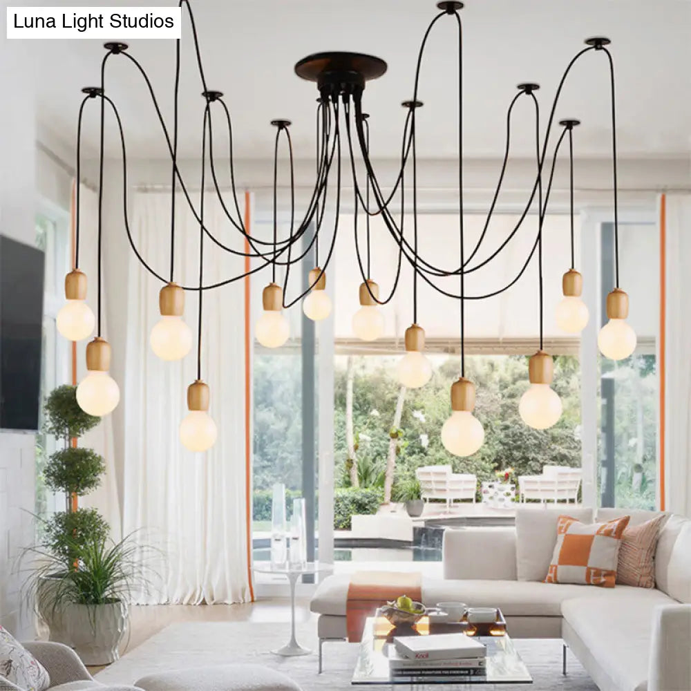 Industrial Wood Swag Pendant Lamp With Exposed Bulb - Black Finish 8/12 Lights For Dining Room 12 /